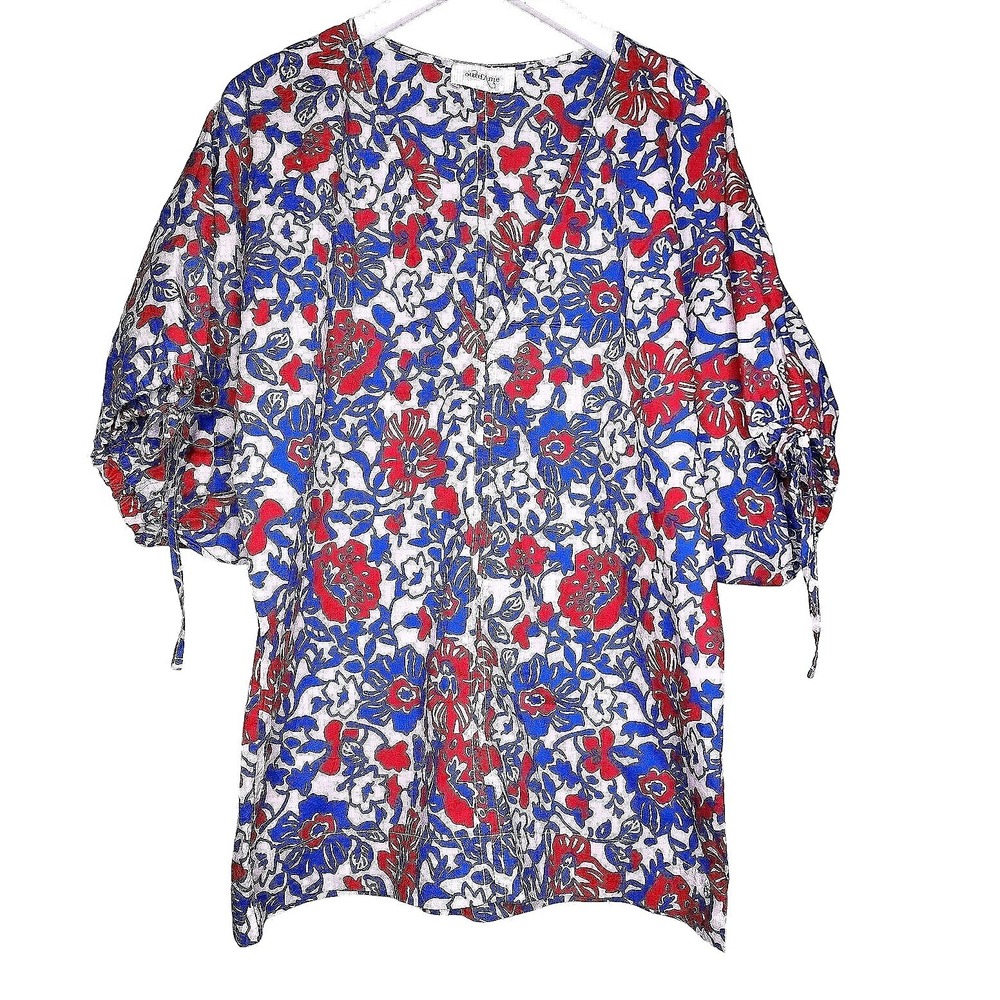 OTTOD'AME Blouse Floral V-Neck Red Blue White Puff Sleeve Cottage‎ Boho 2